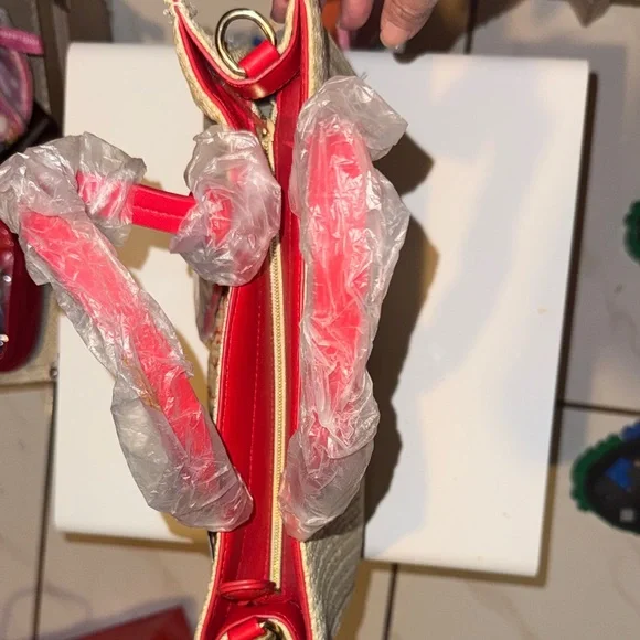 Disney Straw Tote with Red Embroidered Stitch and Flower Charm - Picture 5 of 9